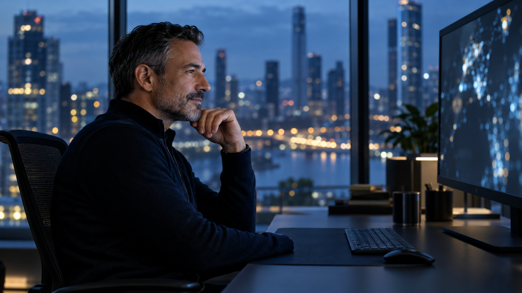 Security specialist reviewing a workstation at dusk