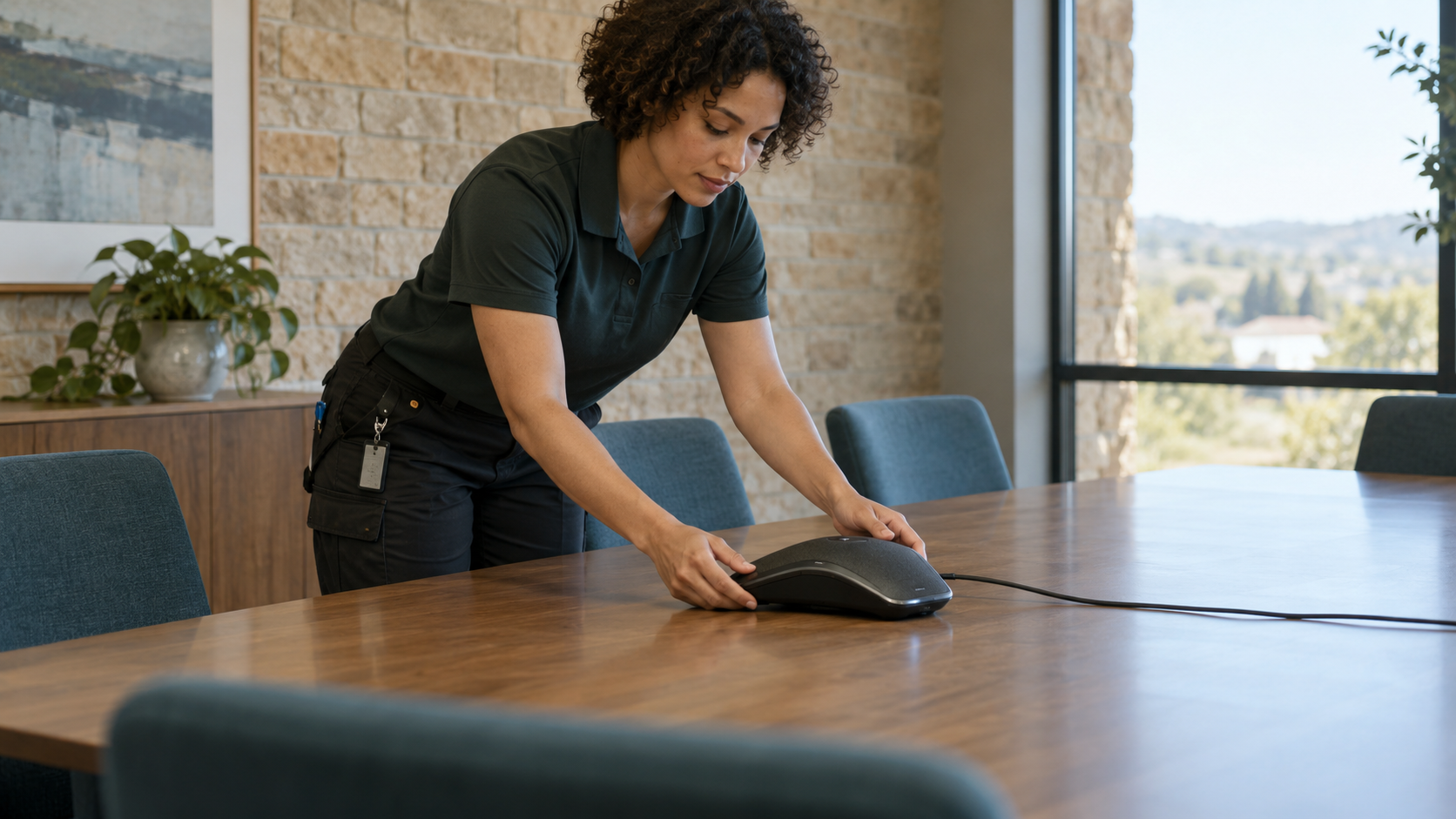 Technician setting up a conference phone in a meeting room