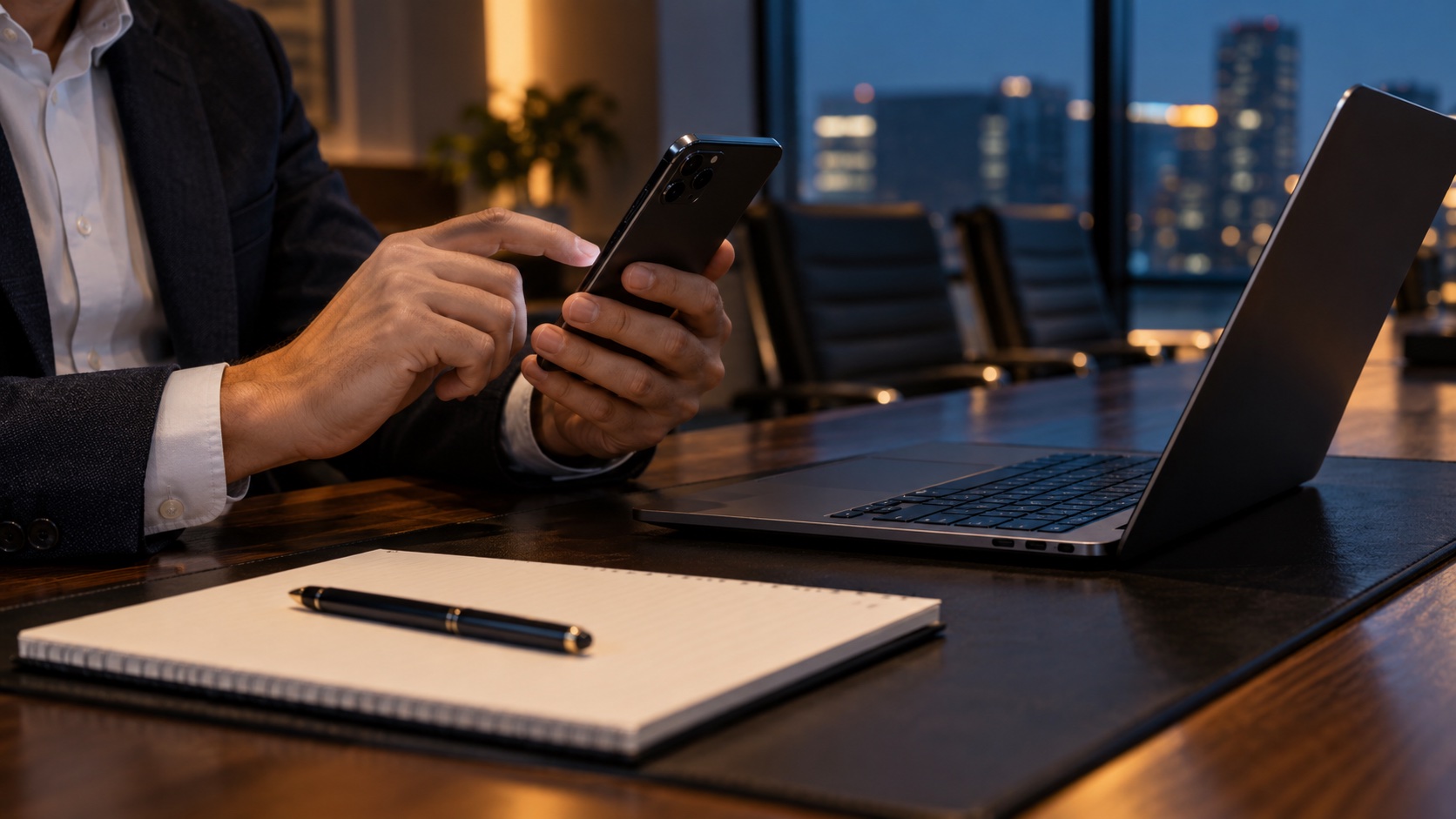 Professional using a personal smartphone beside a work laptop