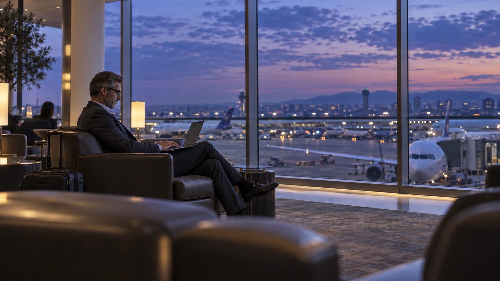 Professional working briefly on a laptop in an airport business lounge