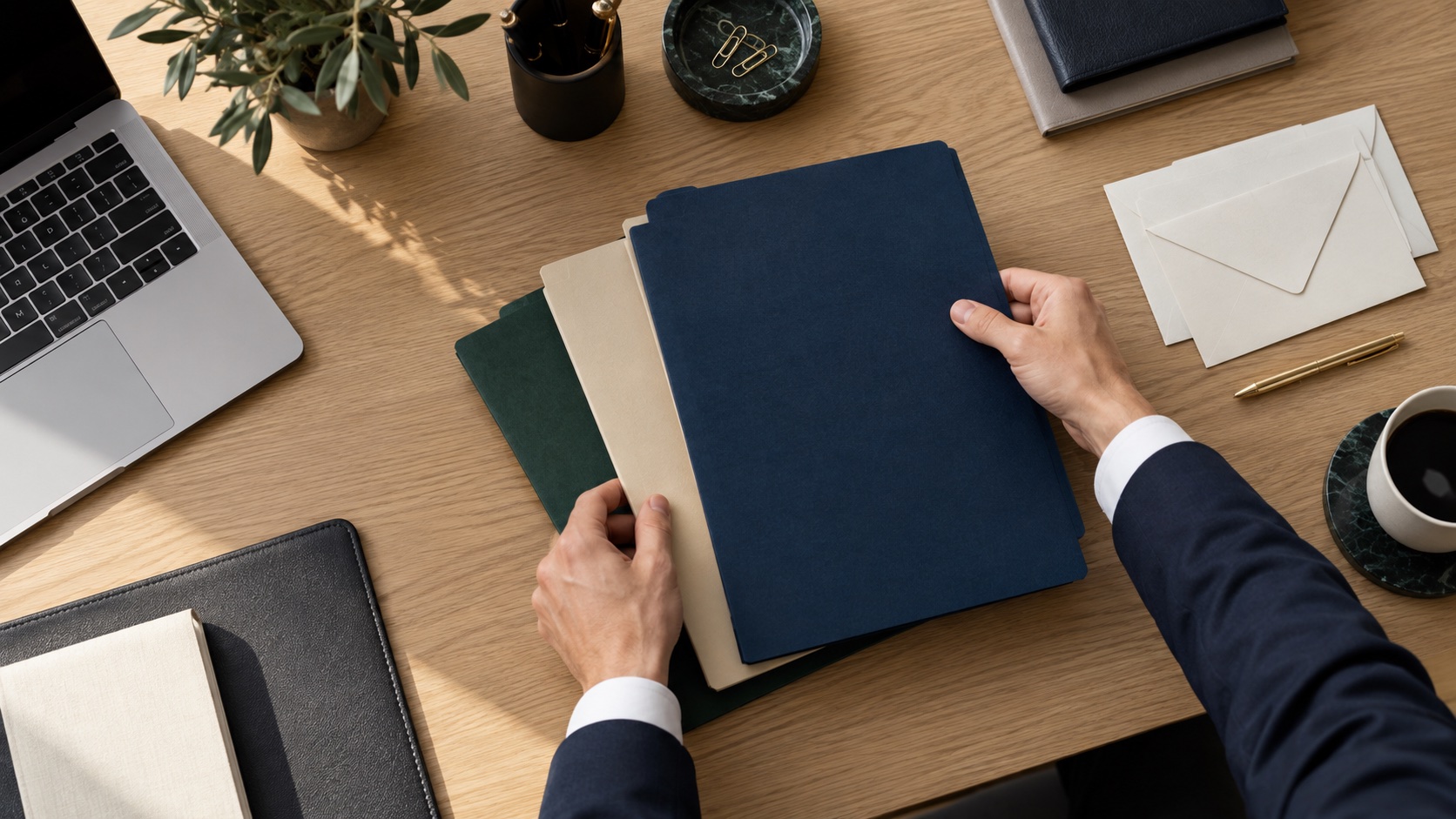 Sorting work folders and correspondence on an office desk