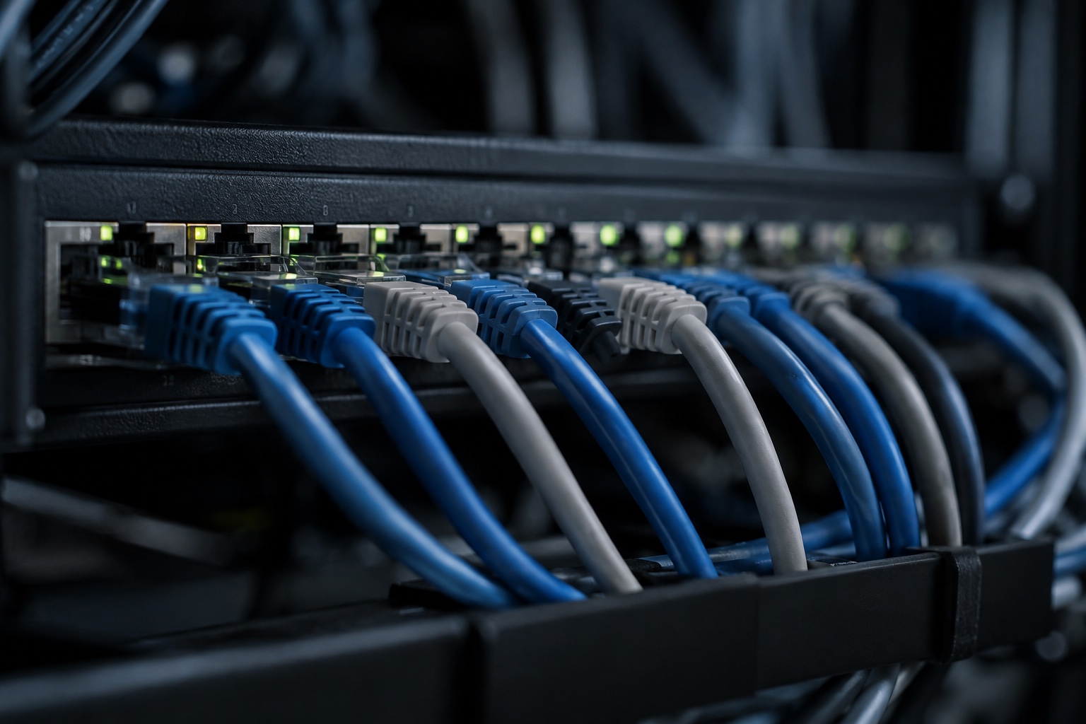 Detail modrých a šedých ethernetových konektorů v síťovém rozvaděči