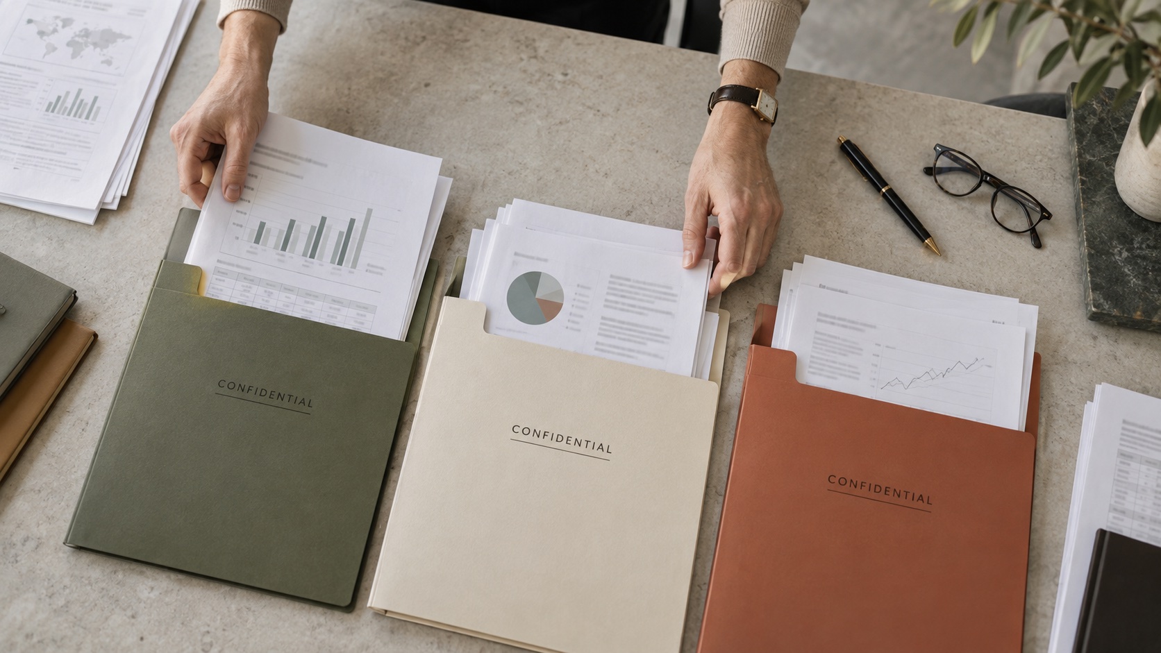 Hands sort business reports into colour-coded folders