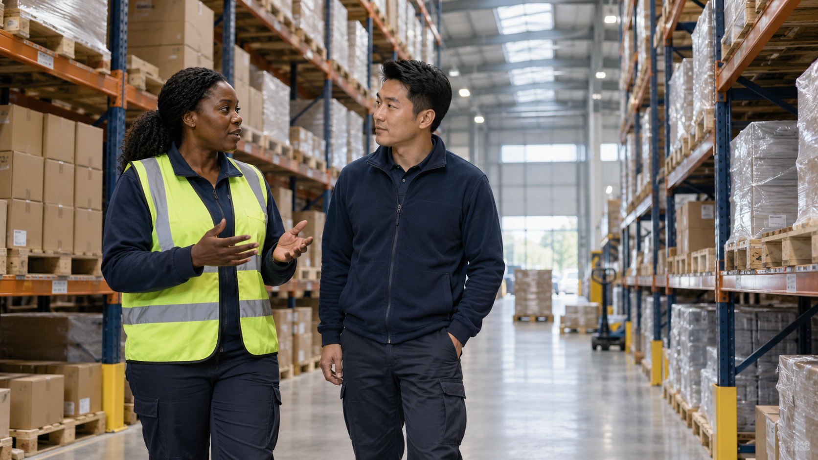 Shift lead speaking with a colleague in a logistics warehouse