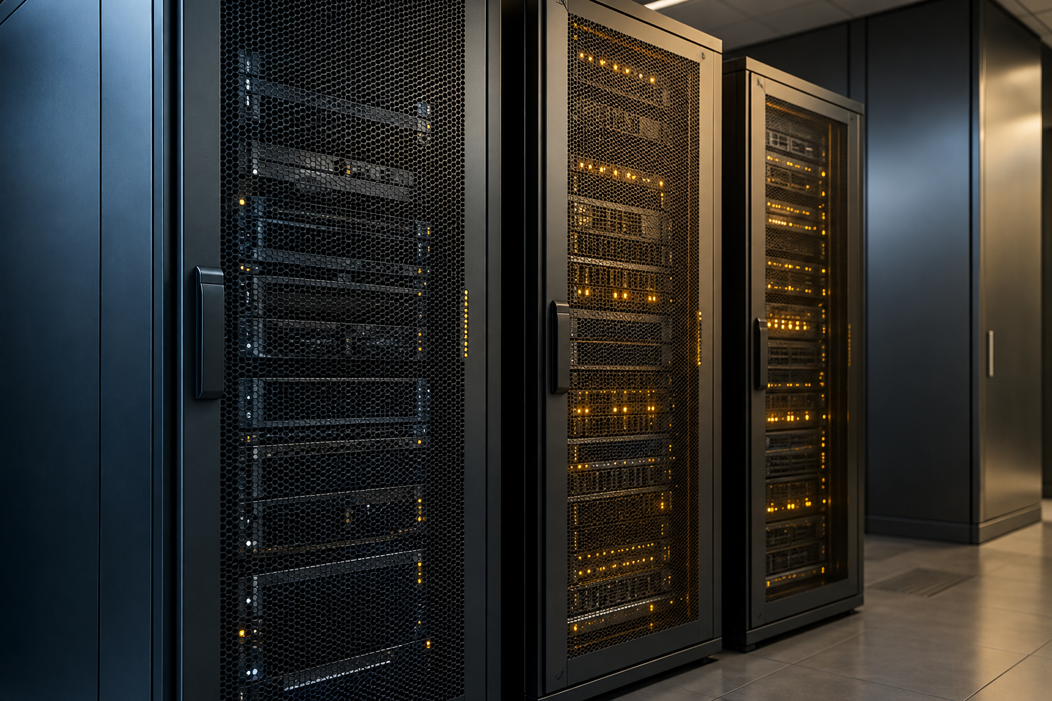 Three server cabinets in a corporate equipment room