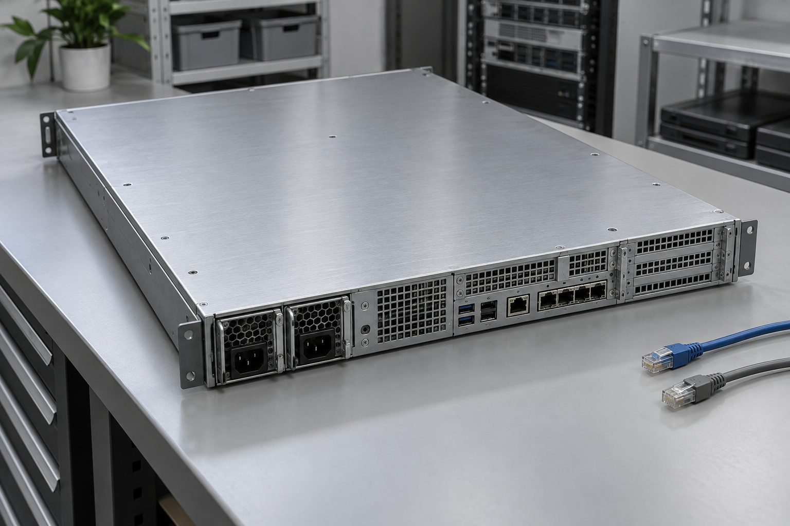Rack-mount server and network cables on an IT workbench