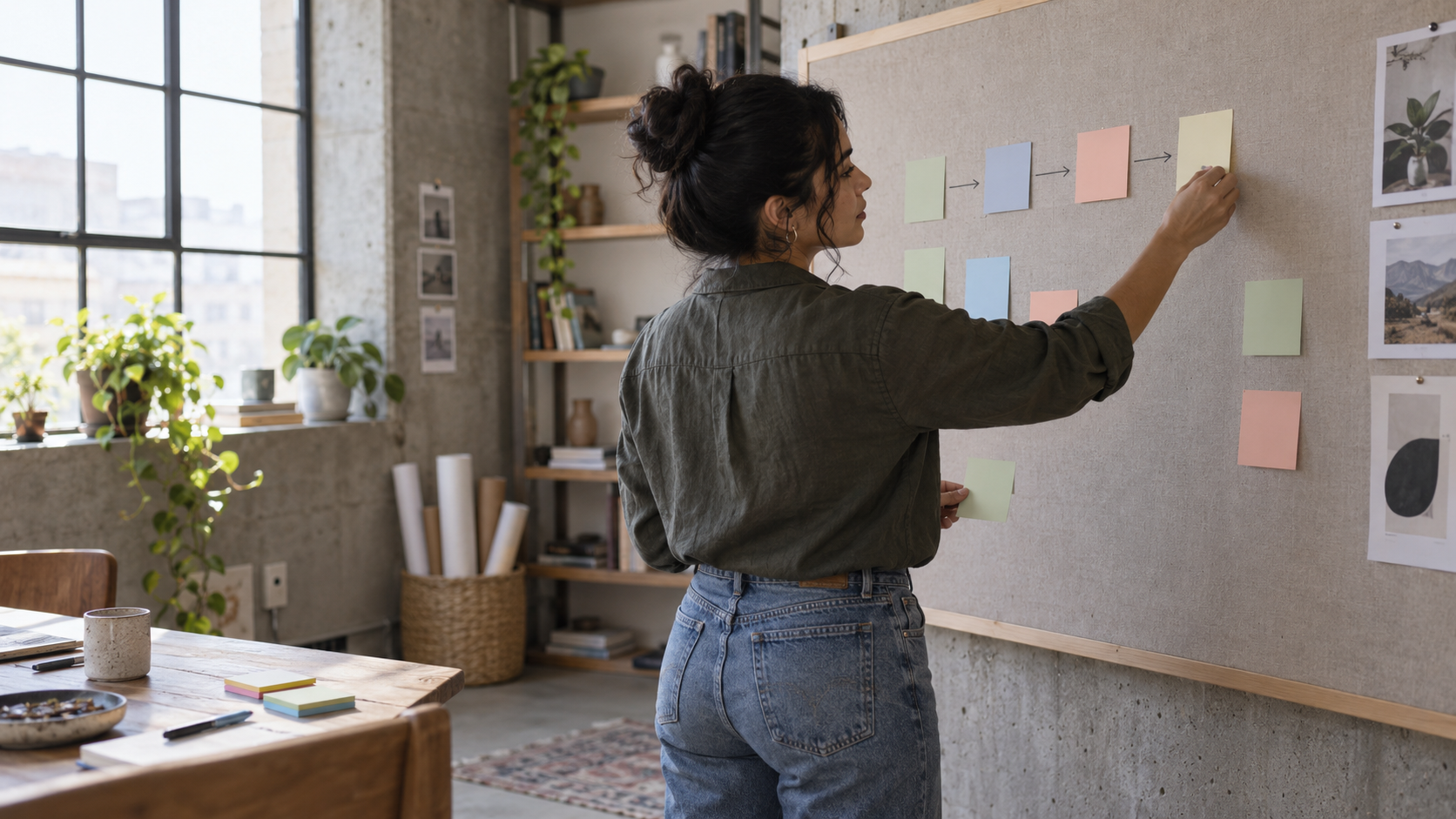 Product designer planning a workflow on a pinboard