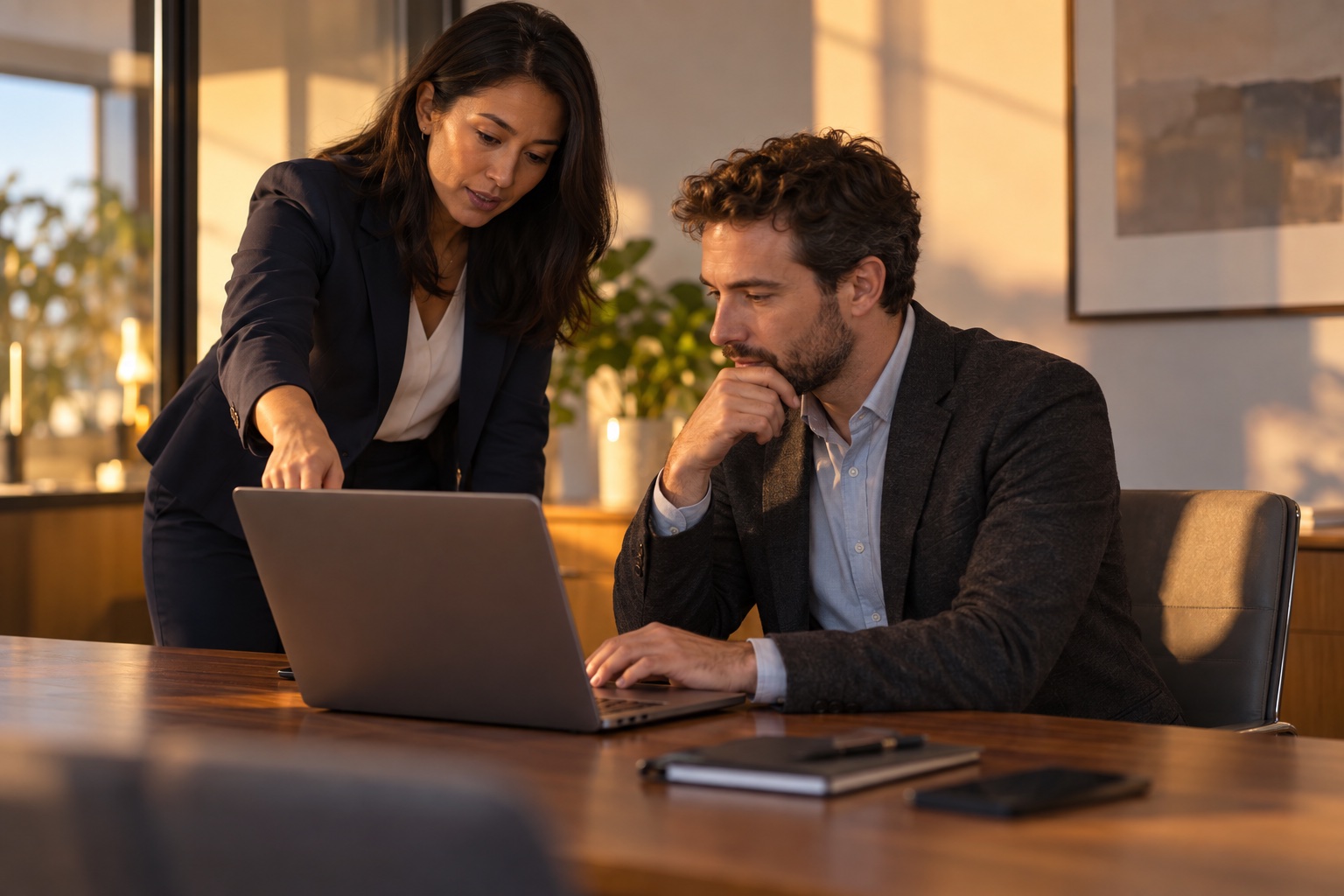 Two colleagues are verifying Office activation on a laptop together