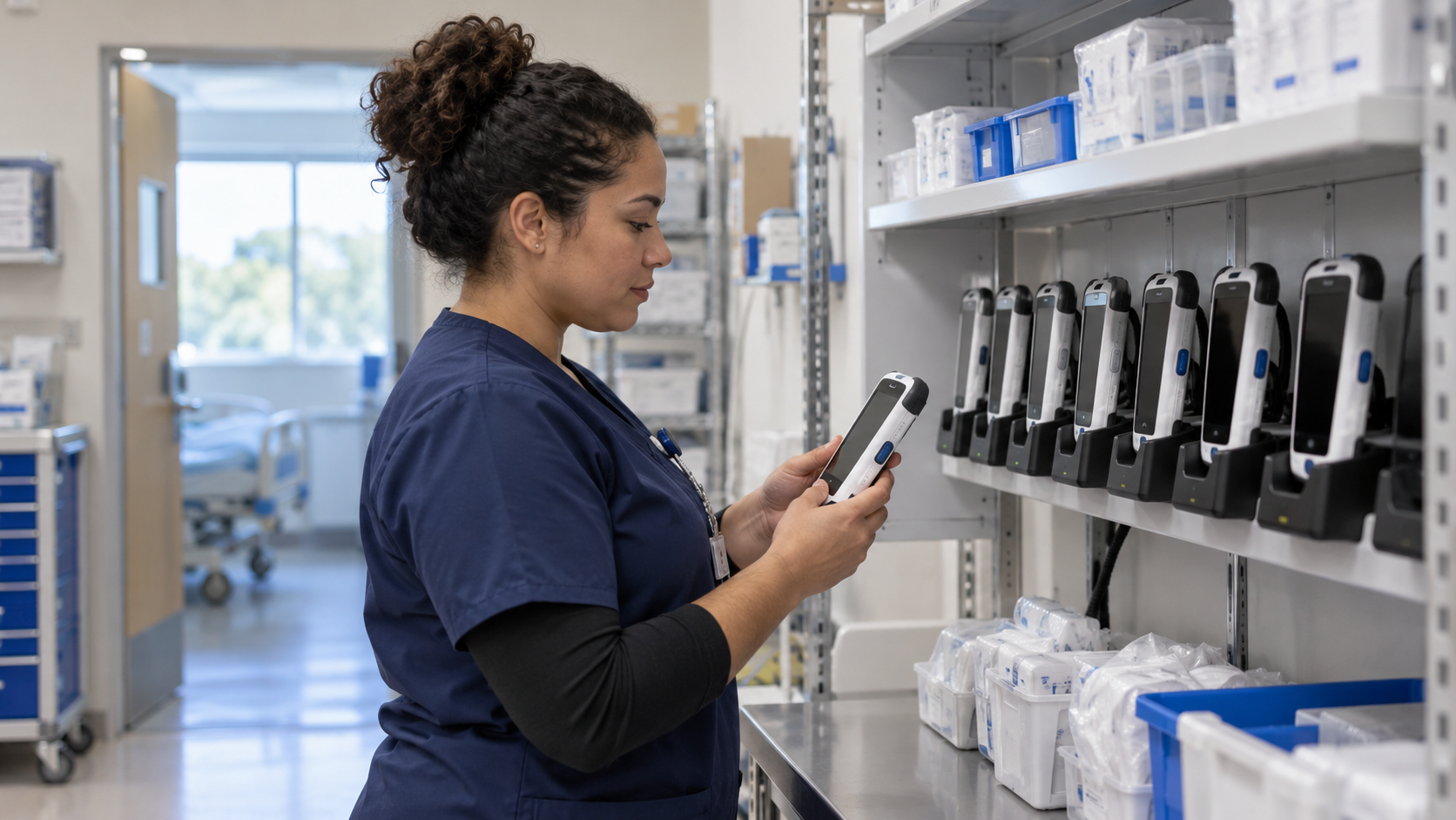 IT worker checking mobile devices in a healthcare facility
