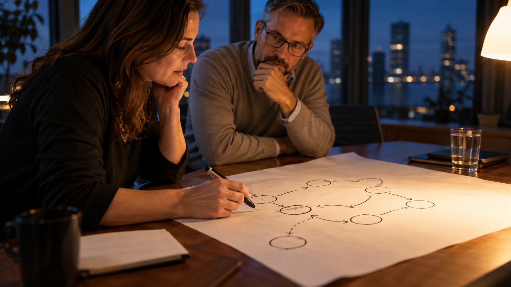 Two colleagues reviewing a company call-routing plan