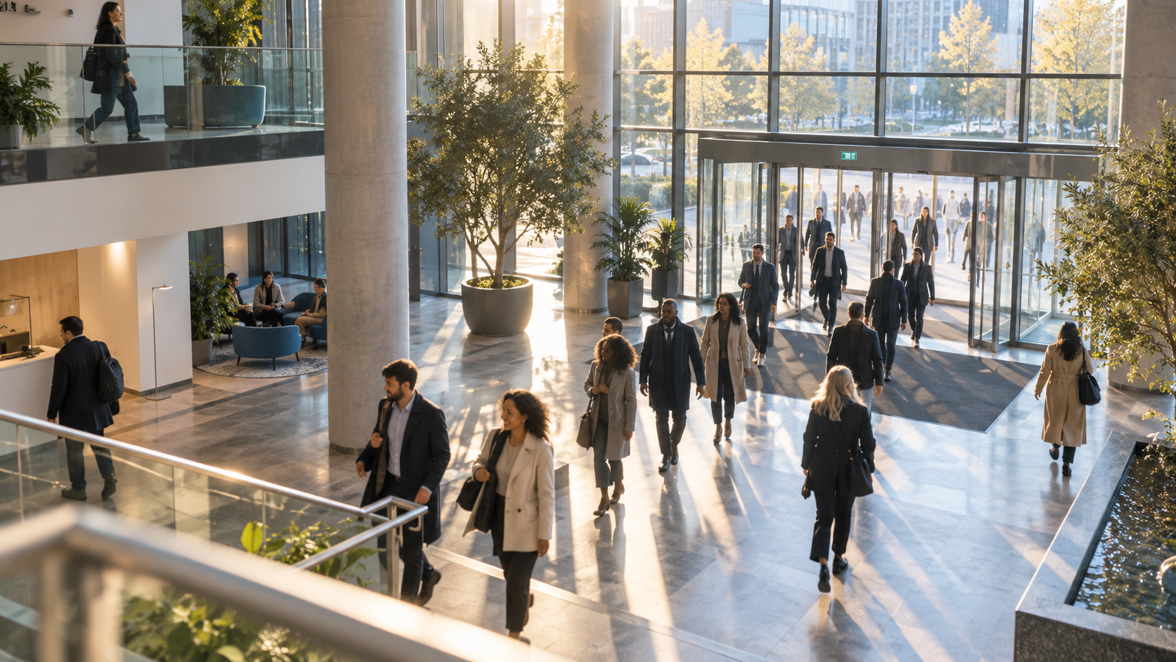 Employees arriving through the atrium of a growing company