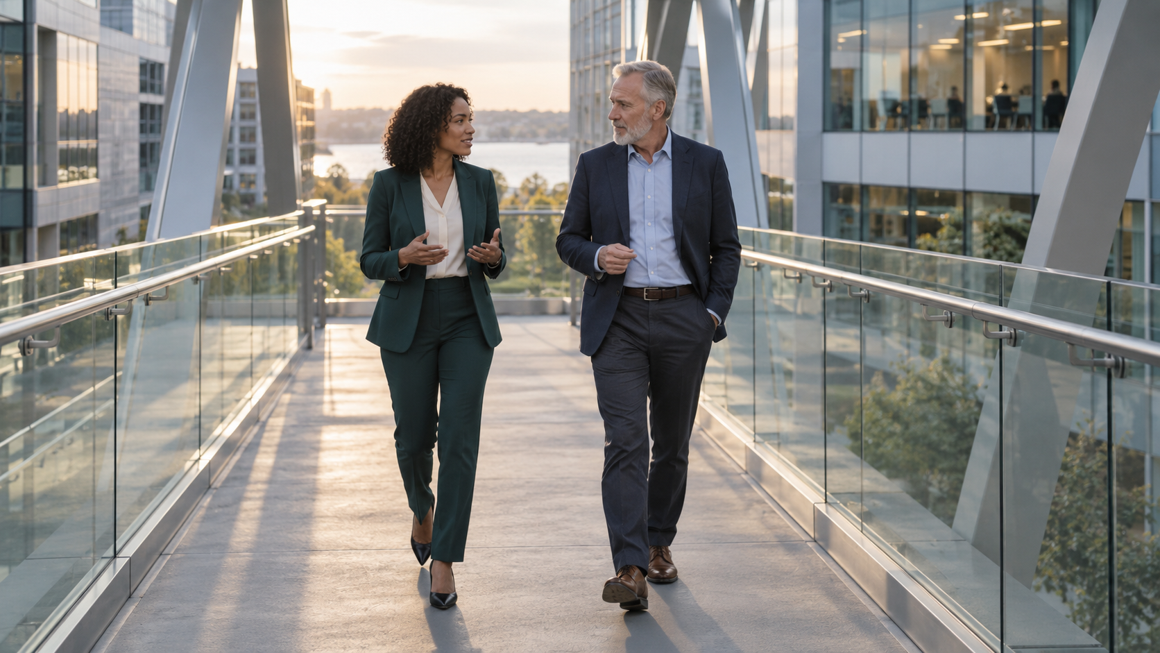 Two business partners talking between office buildings