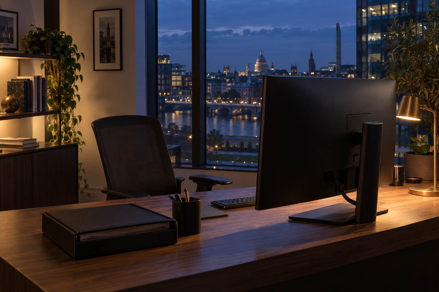 Empty corporate workstation with a monitor at dusk