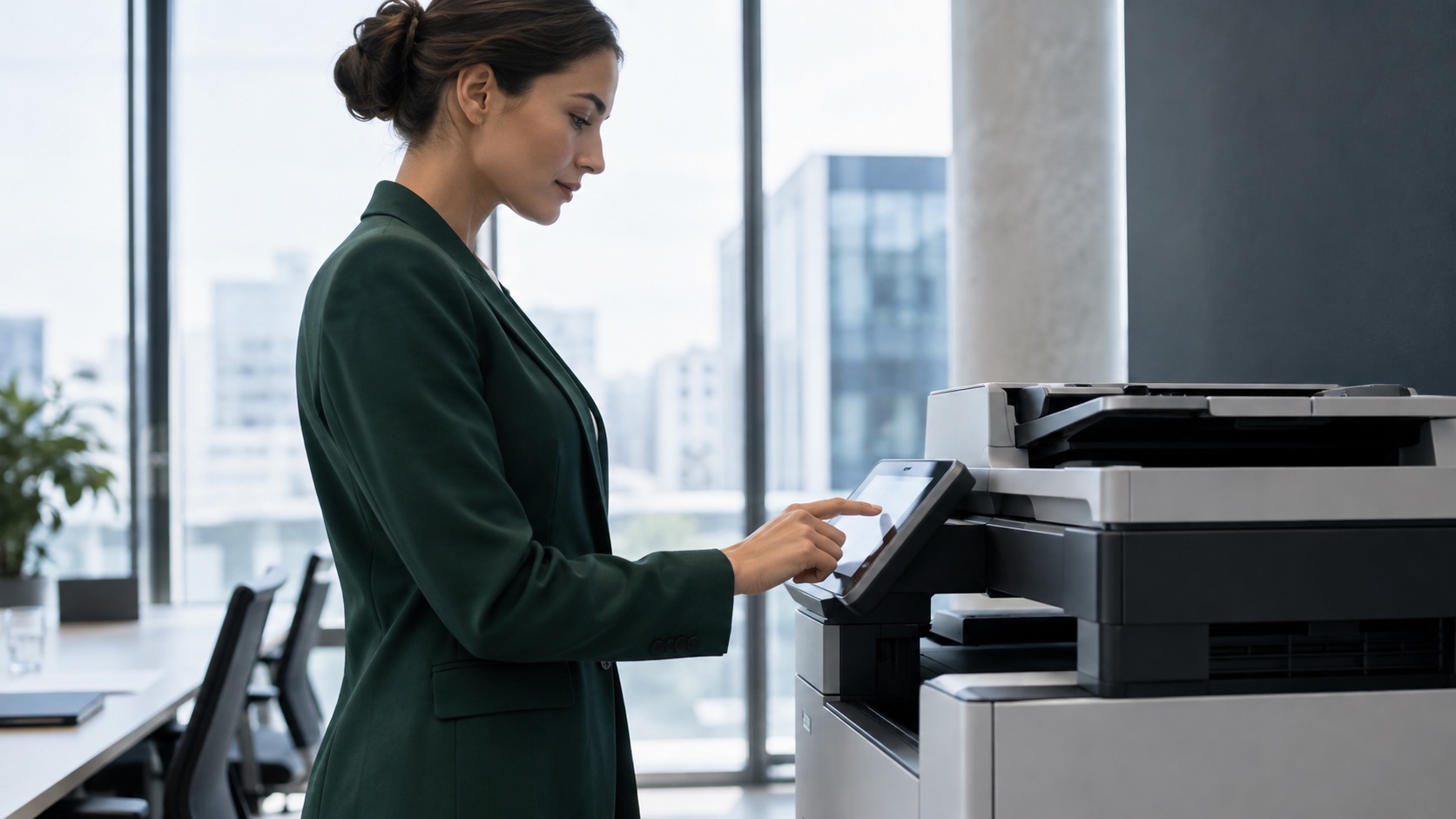 Female worker operating the touch panel of the printer