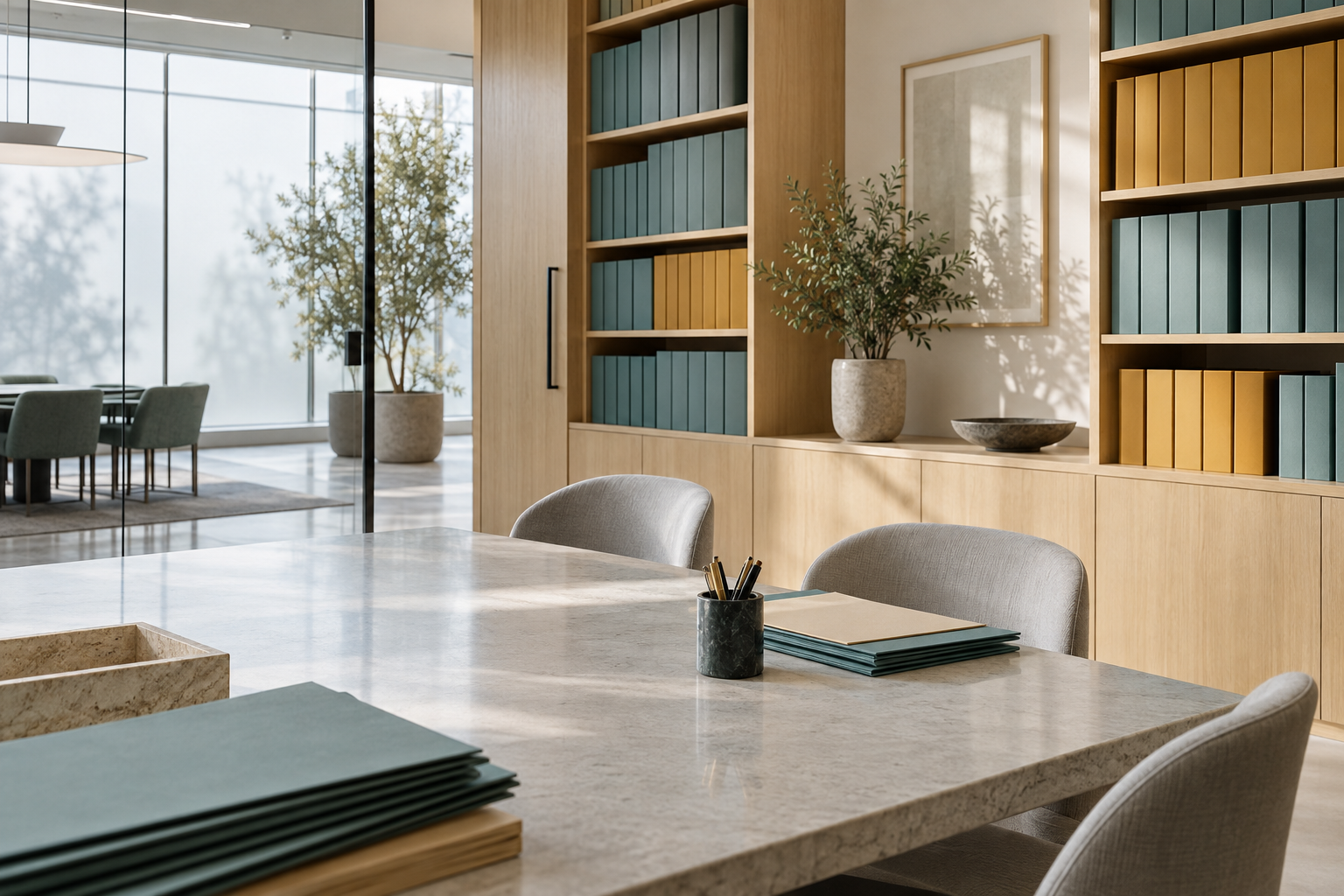 Bright corporate room with glass partition and document folders