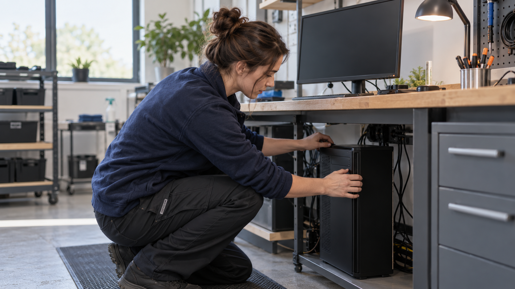 IT technician checking one desktop computer in a service workshop