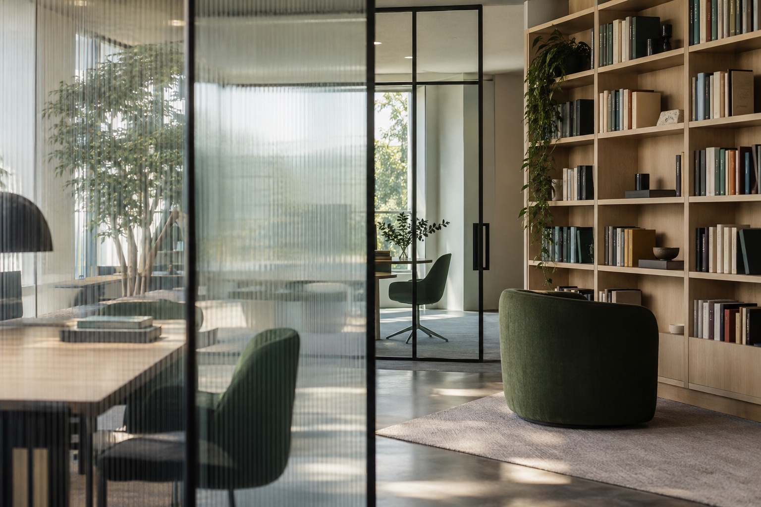 Unternehmensbibliothek mit Holzregalen, grünen Sesseln und Glastrennwänden