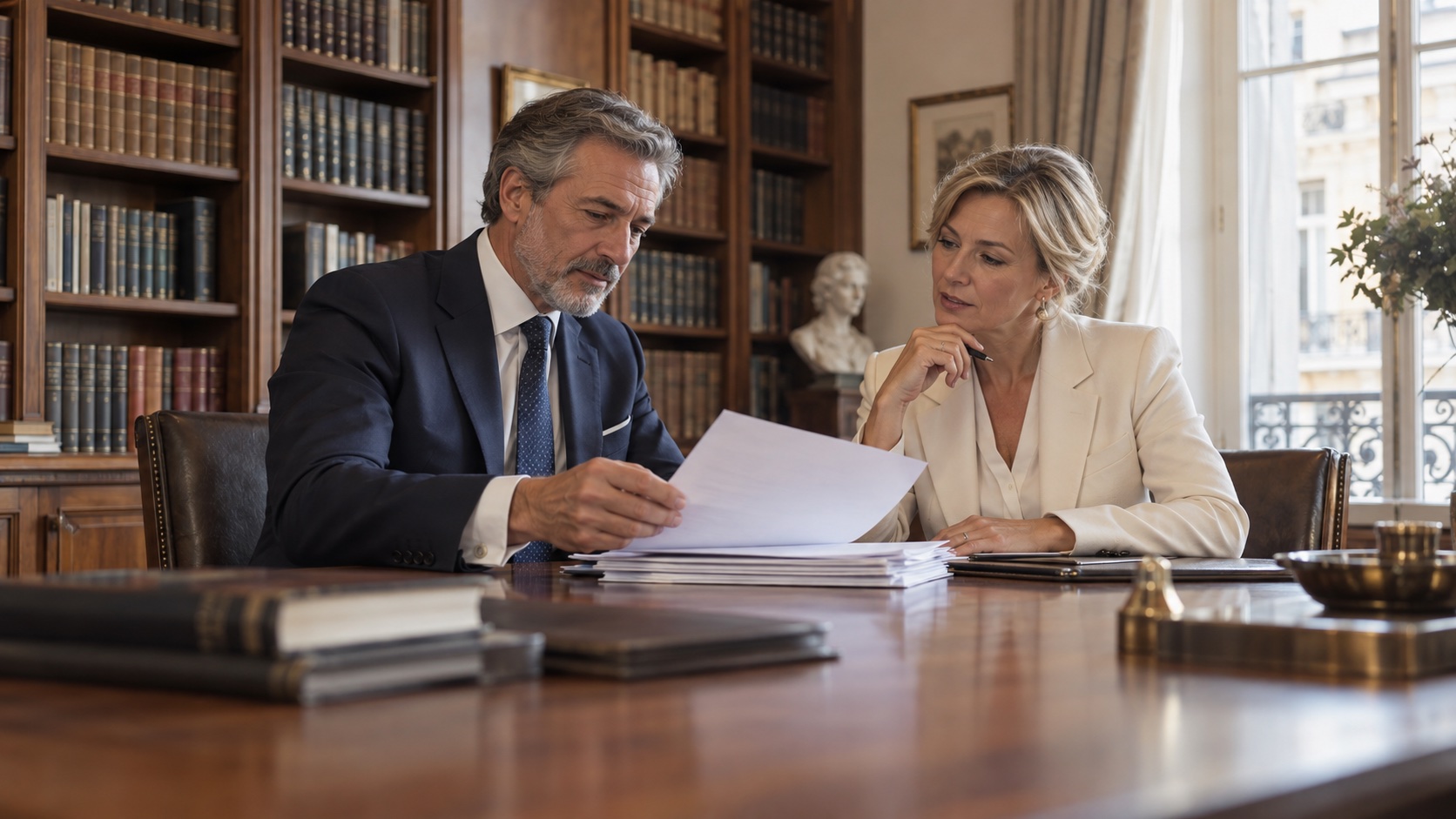 Two professionals review documents in a corporate library