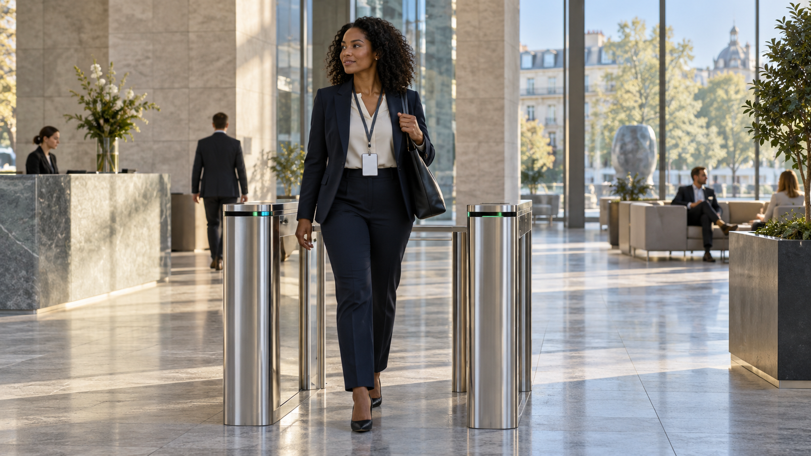 Employee passing through an office access gate