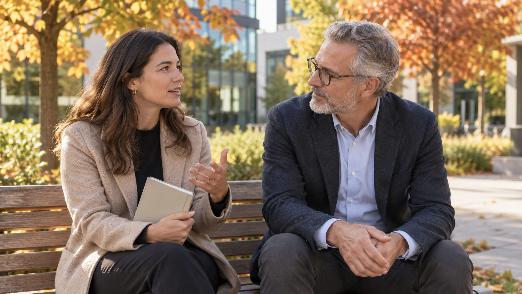 Two colleagues discussing an idea on an office campus bench