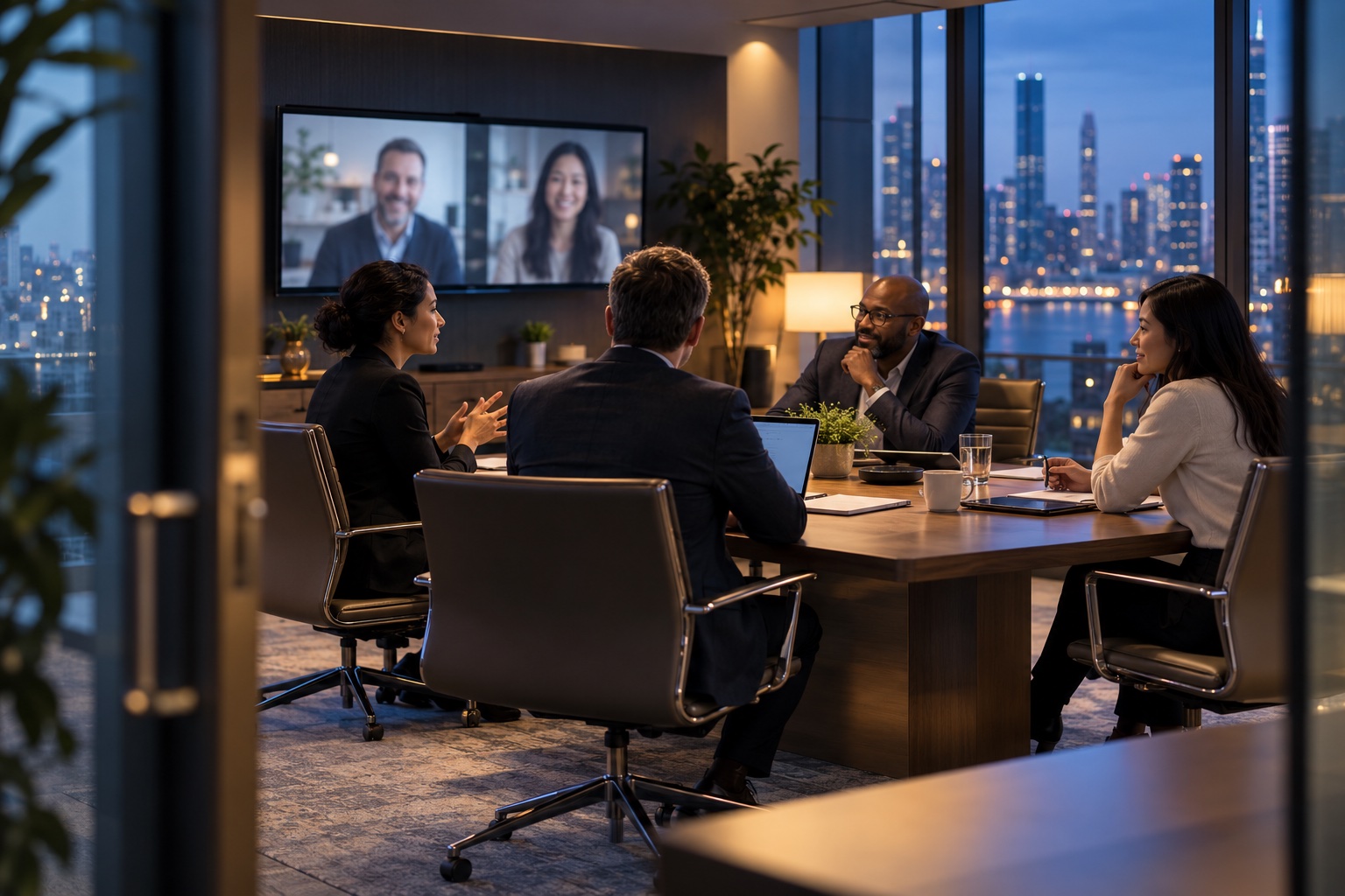 The corporate team collaborates with external colleagues via video call