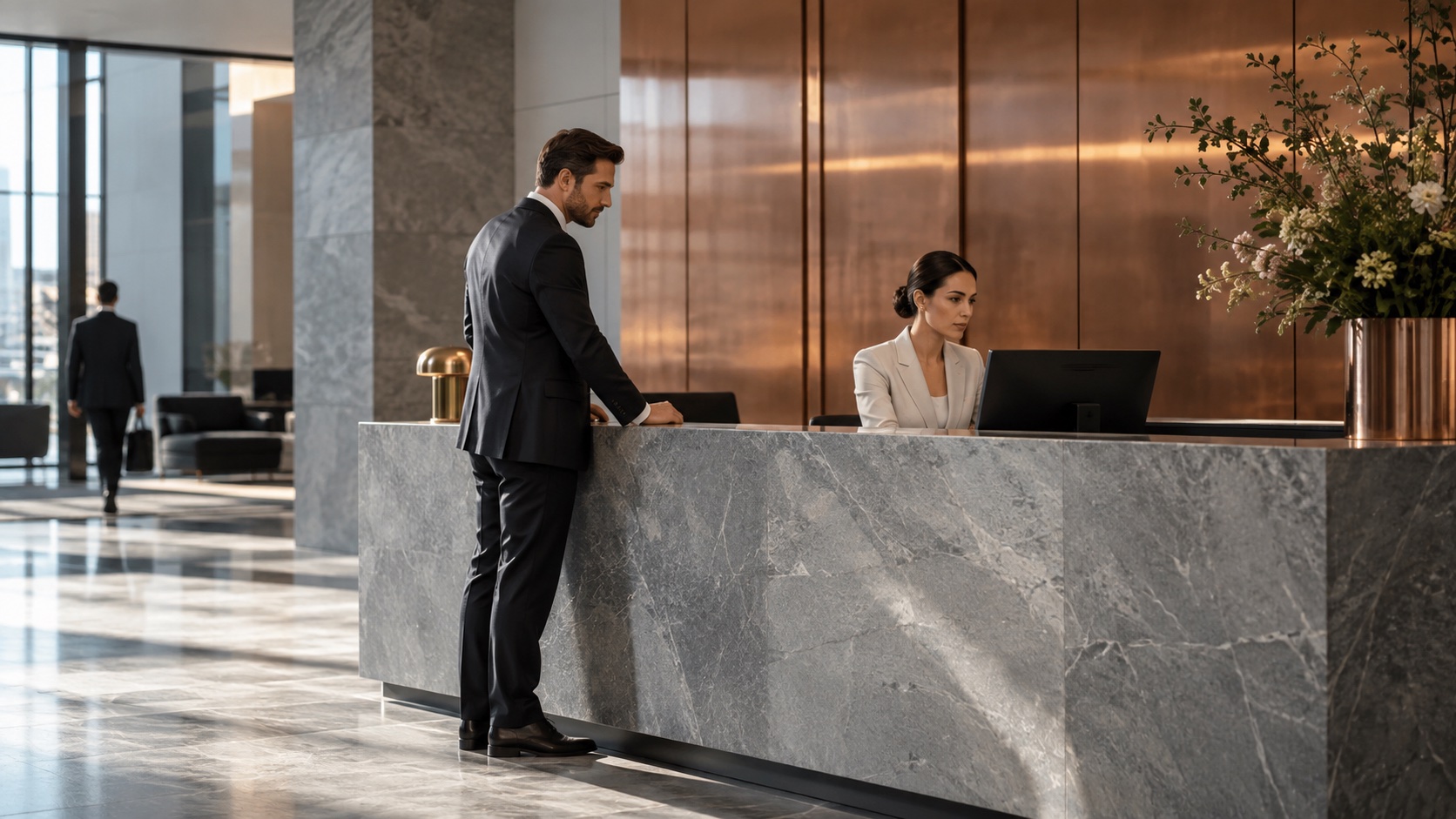 Working with a computer at the company reception