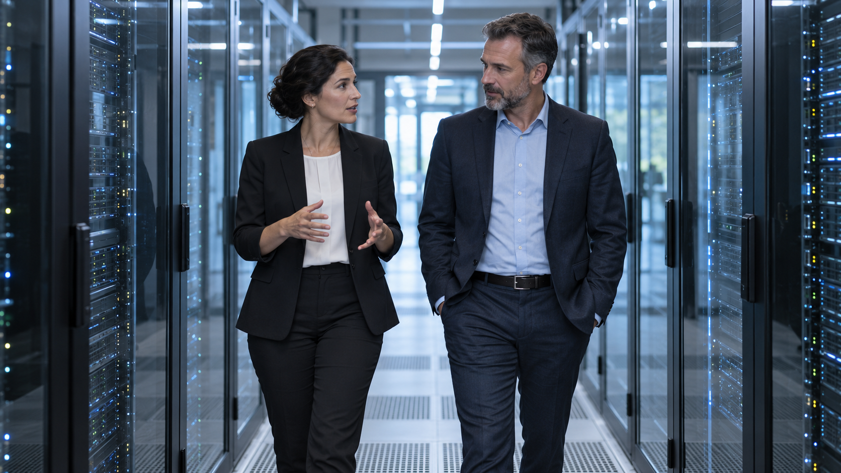 Two IT leaders discussing security in a data center