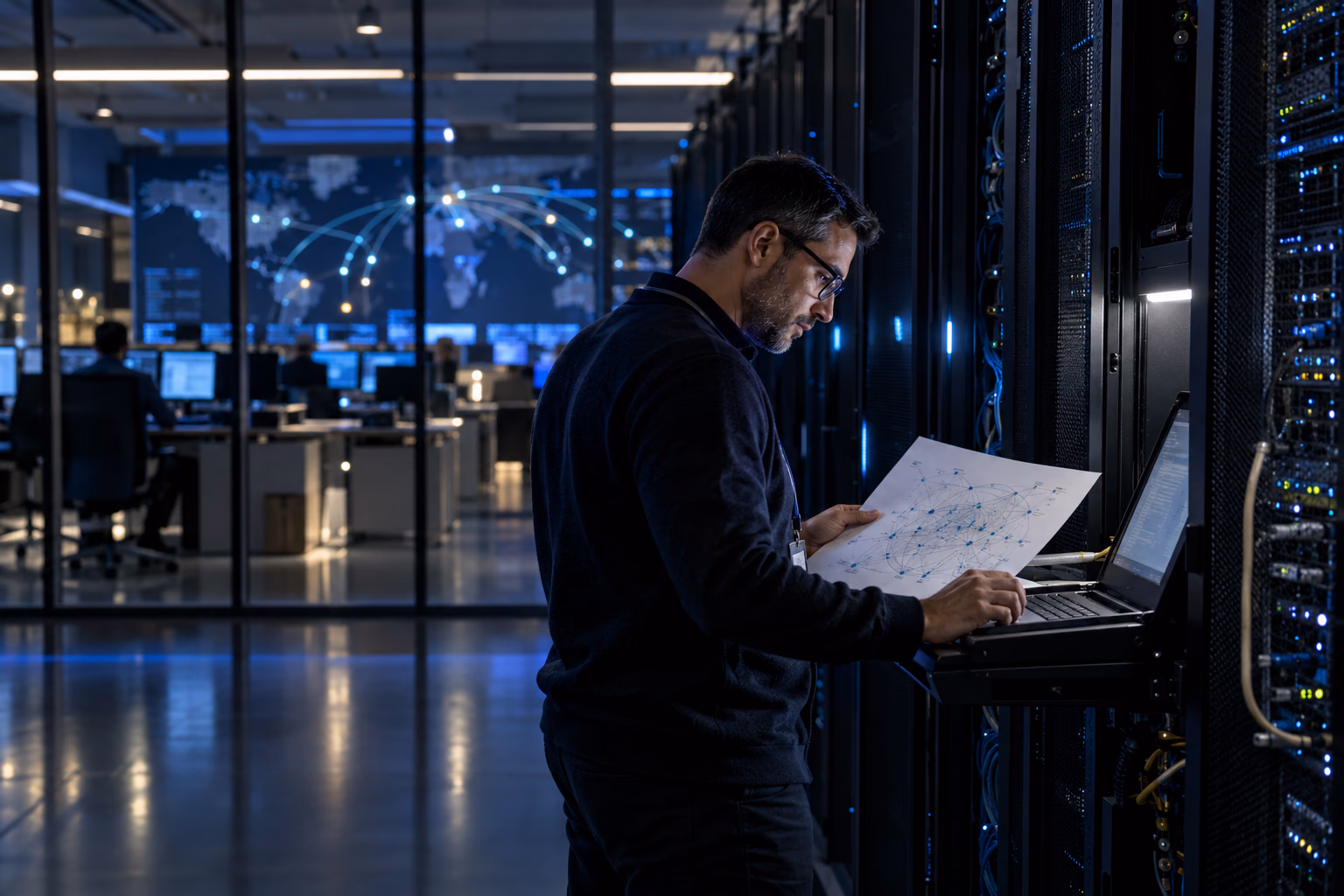 IT specialist checking a business printer and email-flow configuration