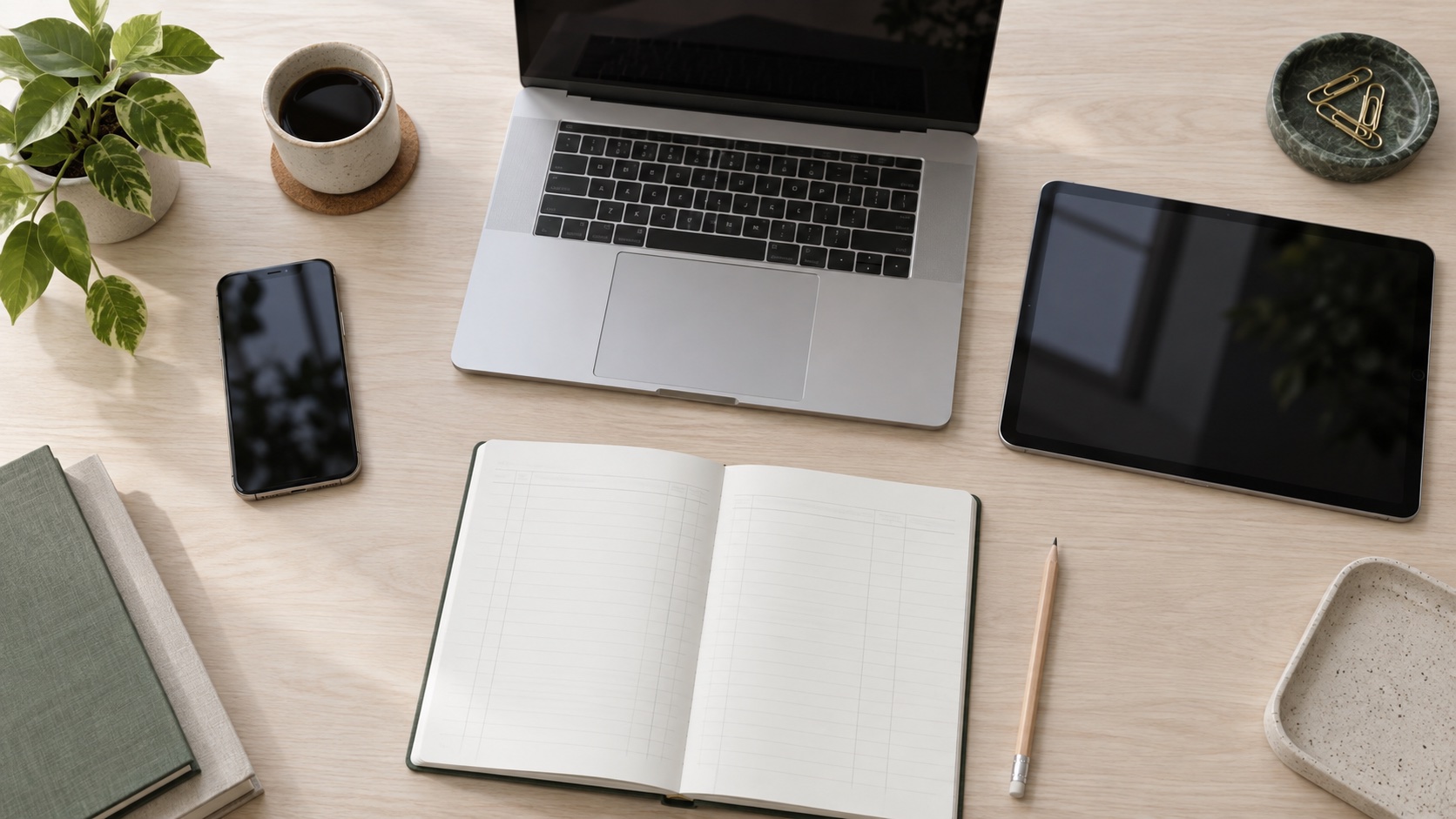 Laptop, tablet and phone beside a paper audit ledger