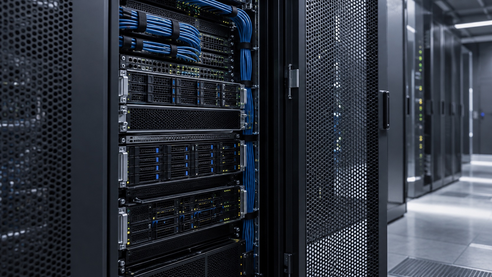 Close view of a modern enterprise server rack