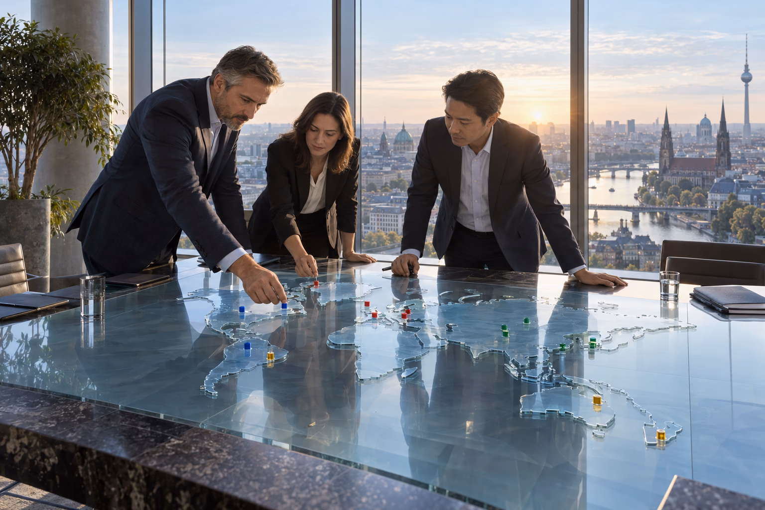 Three enterprise architects plan regional data placement around a glass world map