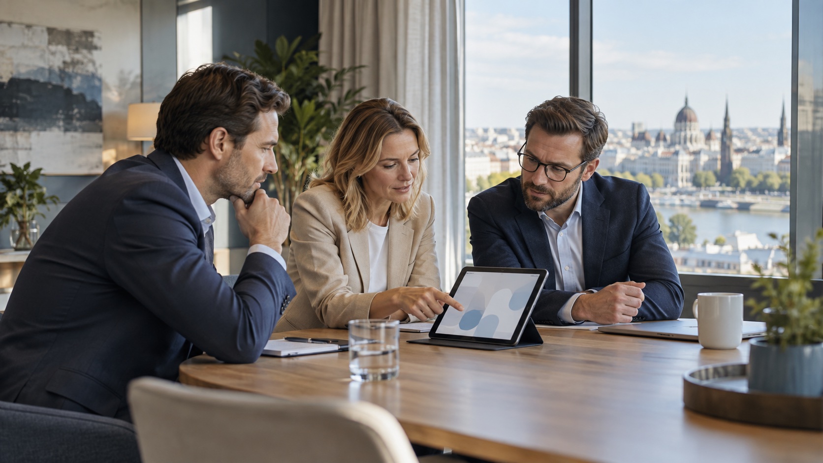 Business team reviewing an internal app on a tablet
