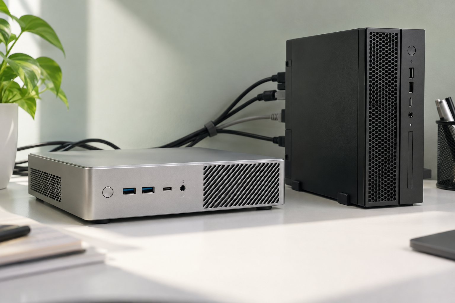 Two different compact business computers on a light desk