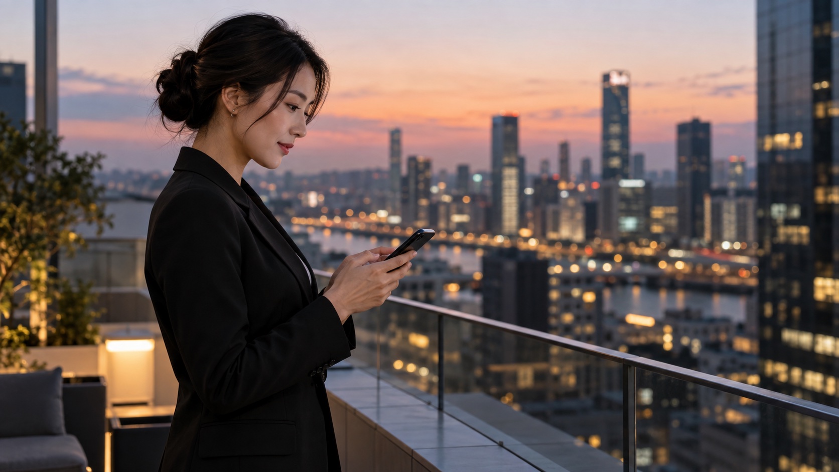 Female employee using a mobile phone on the corporate terrace