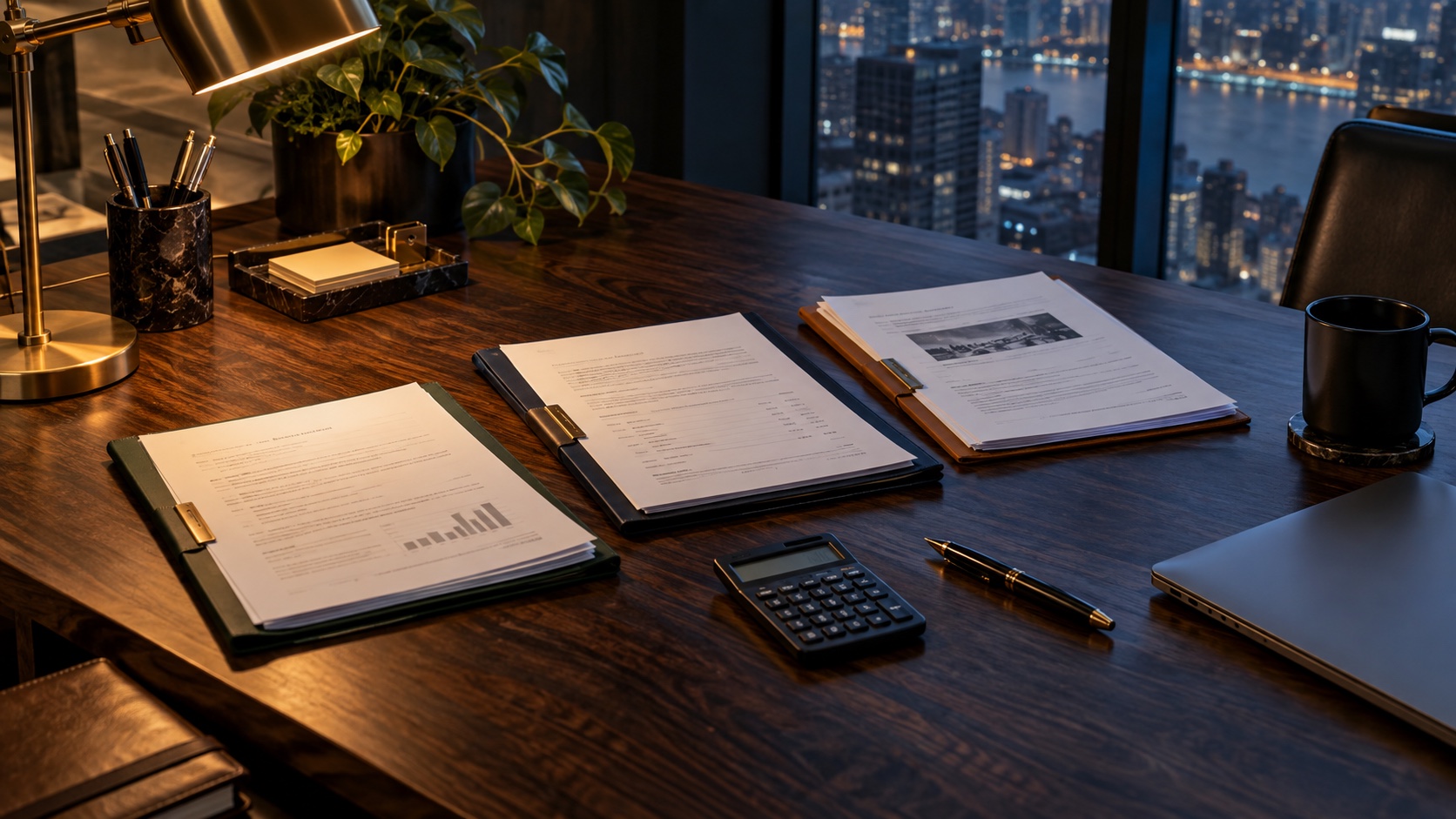 Documents and a calculator on a desk in an evening office
