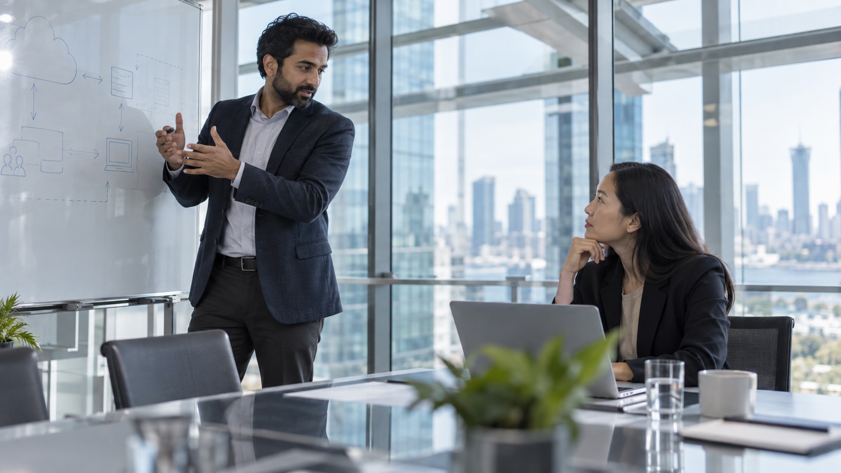 Two IT specialists discuss virtual desktop access in a meeting room