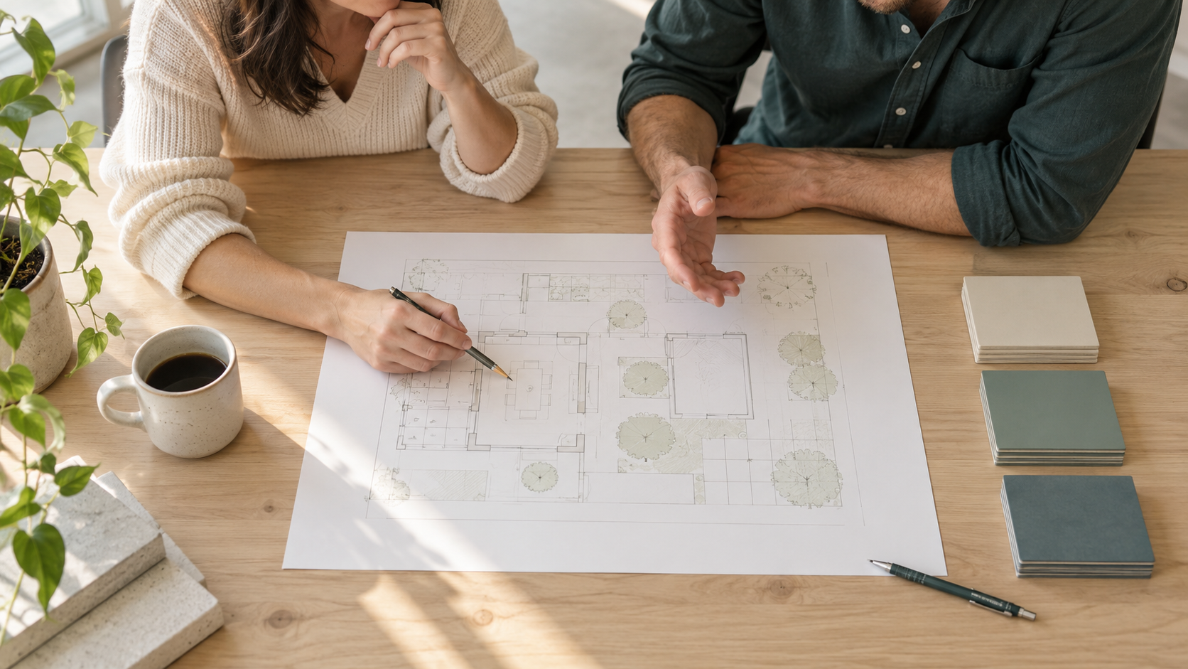 Team comparing project options at a worktable