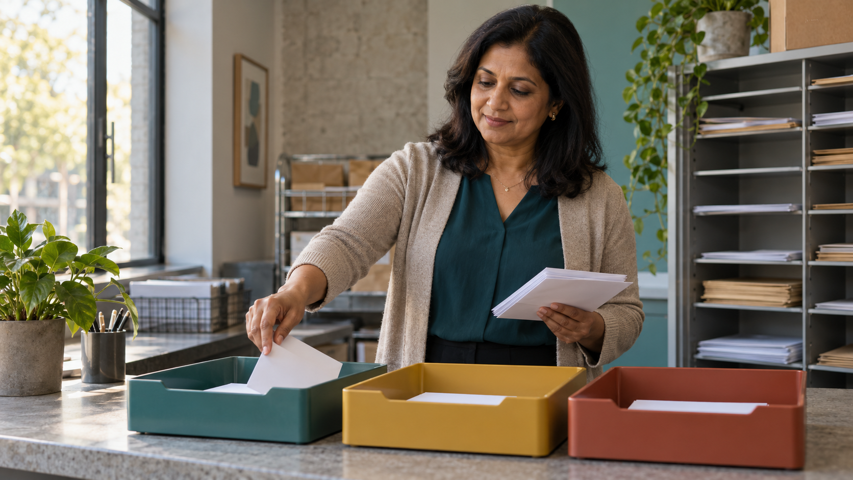 Employee sorting company correspondence into separate trays
