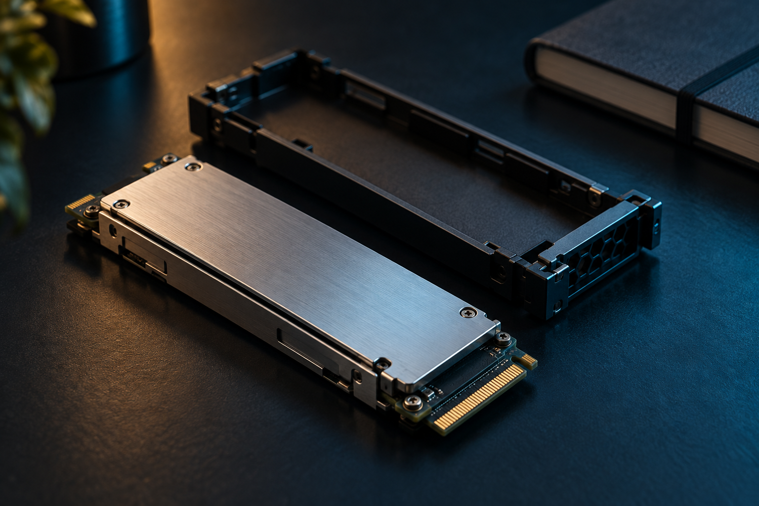 Close view of a storage module and protective tray on a dark desk