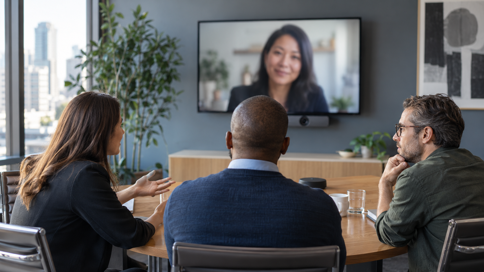 Three colleagues in a hybrid meeting with one remote participant
