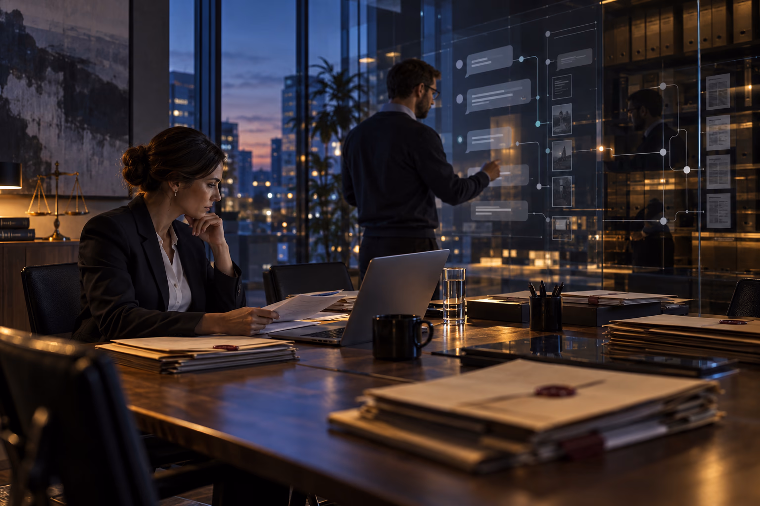 Compliance and technical investigators reviewing AI conversation records and digital evidence