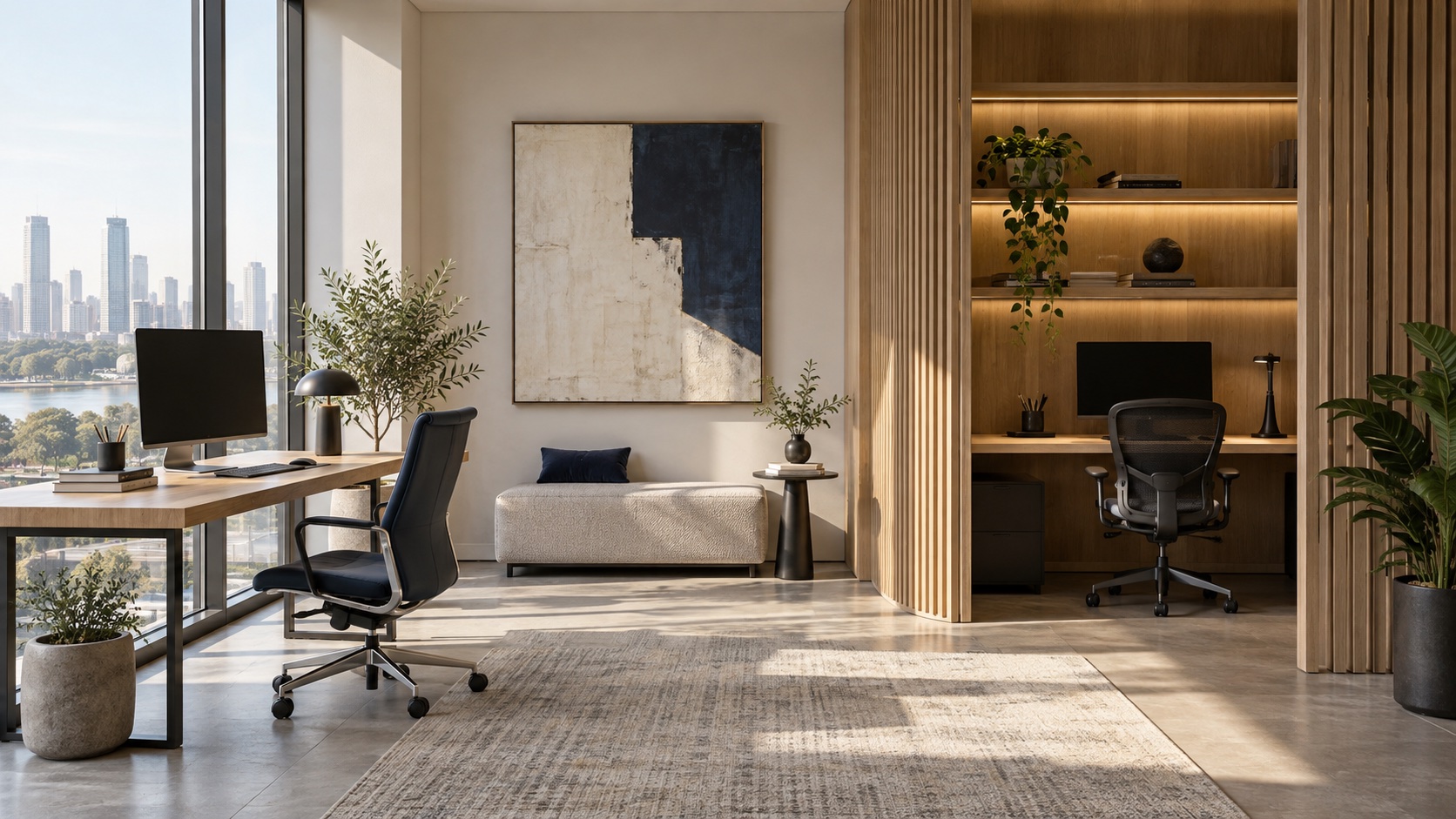 Two workstations in a modern coworking space
