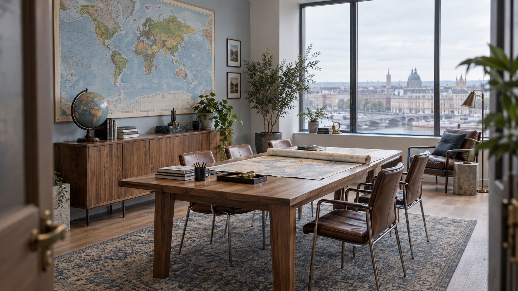 A planning office with a wall map of the world and a globe